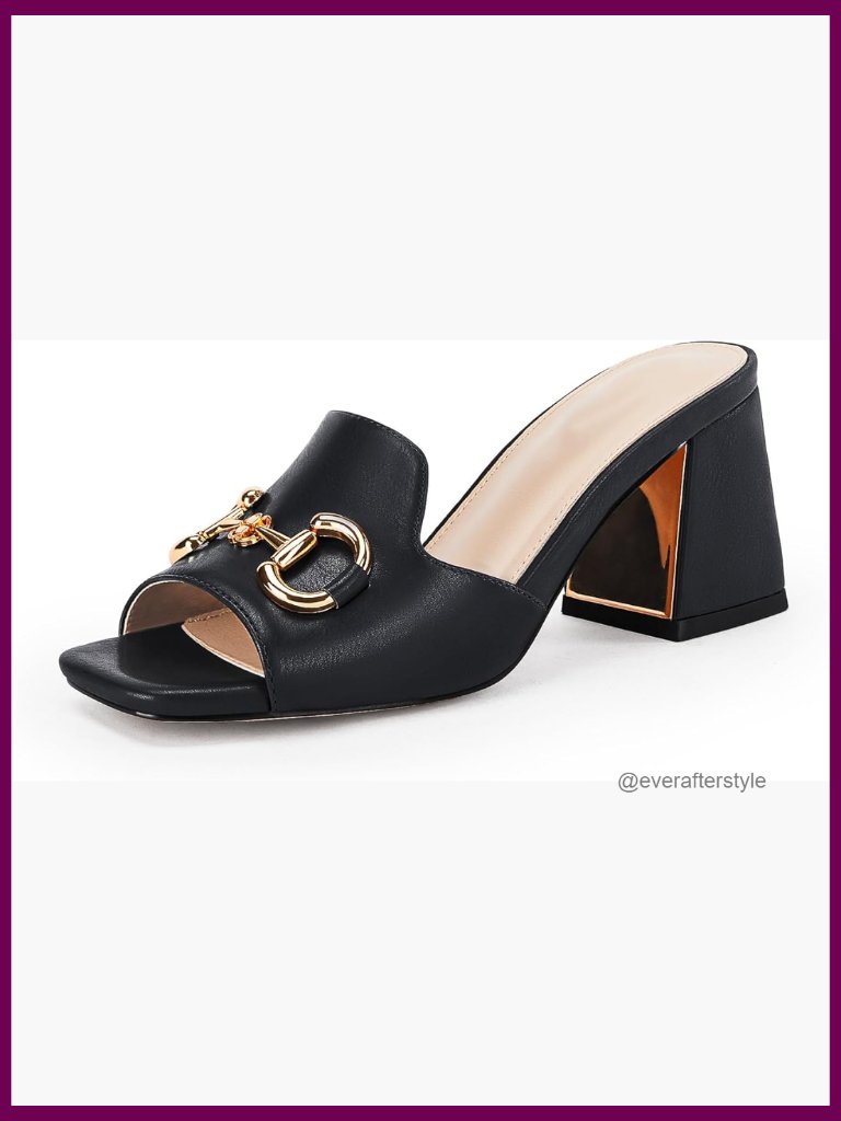 Women's Peep Toe Slide Sandals Chunky Heel Mules Single Band With Metal Chain